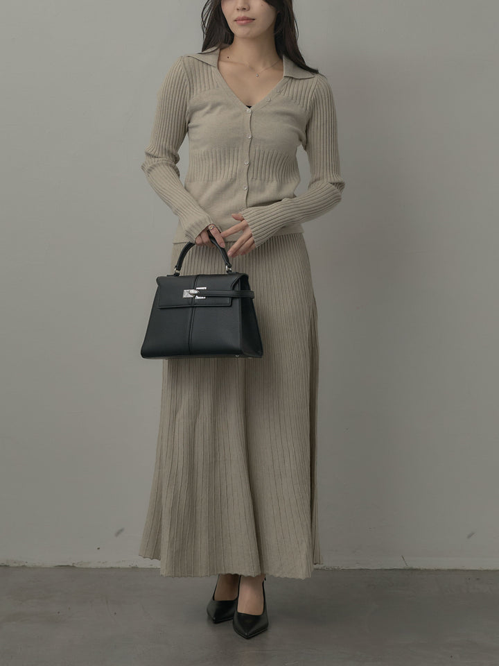 デザインリブポロ襟ニットトップス&ロングスカートSET UP