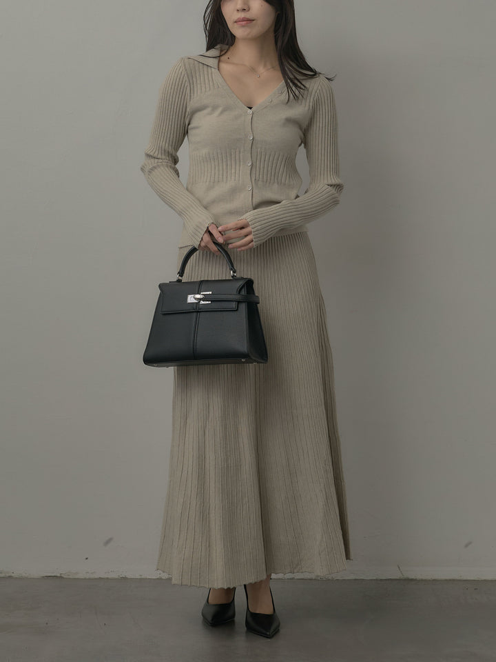 デザインリブポロ襟ニットトップス&ロングスカートSET UP