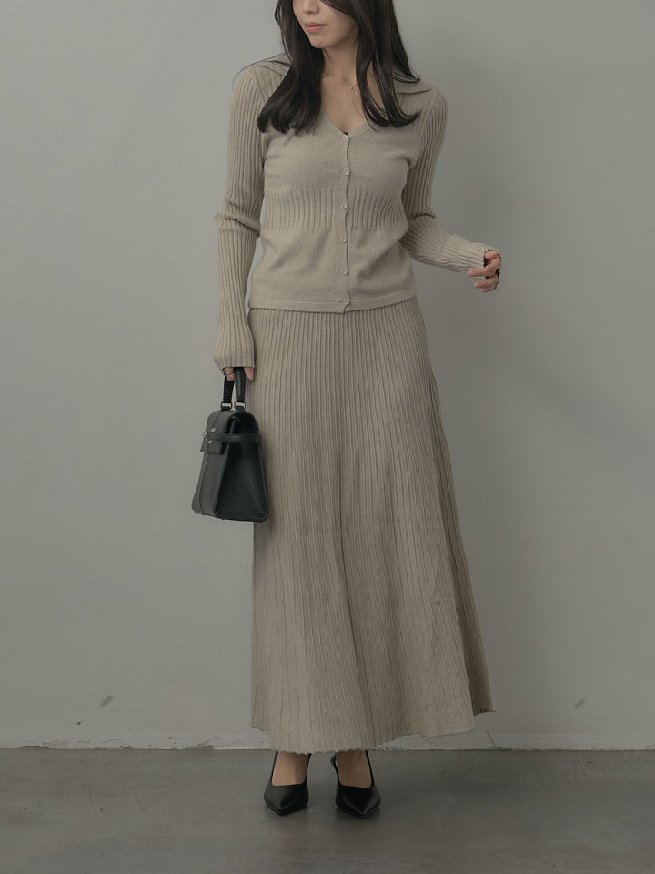デザインリブポロ襟ニットトップス&ロングスカートSET UP