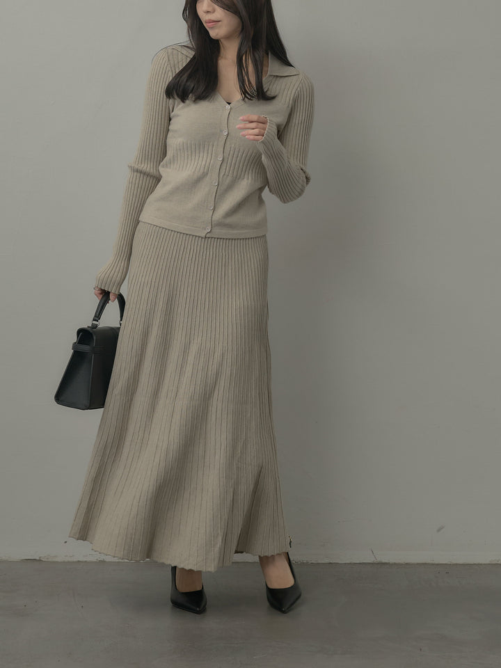 デザインリブポロ襟ニットトップス&ロングスカートSET UP