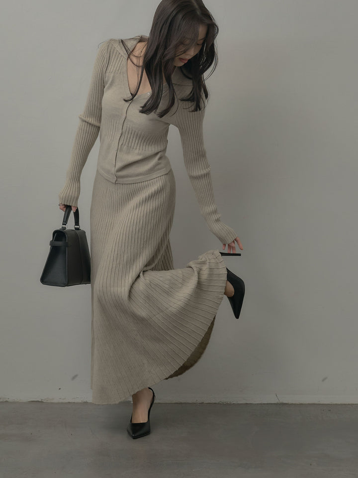デザインリブポロ襟ニットトップス&ロングスカートSET UP