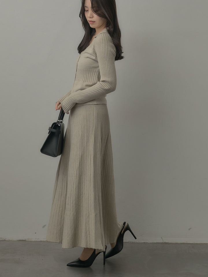 デザインリブポロ襟ニットトップス&ロングスカートSET UP