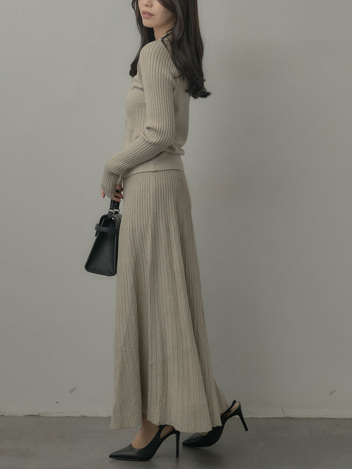 デザインリブポロ襟ニットトップス&ロングスカートSET UP