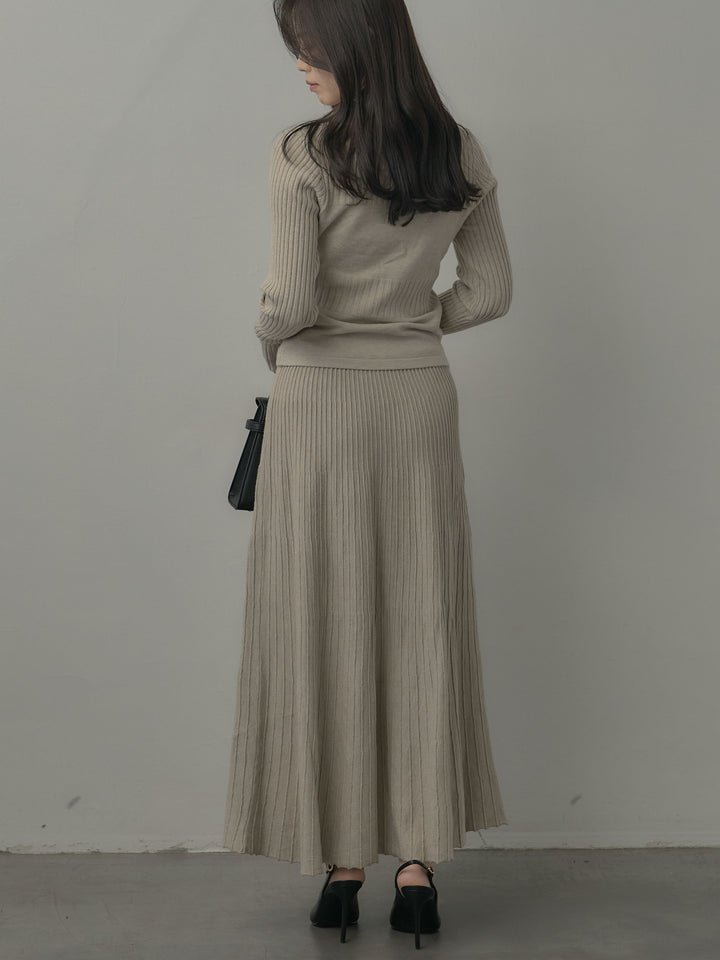 デザインリブポロ襟ニットトップス&ロングスカートSET UP