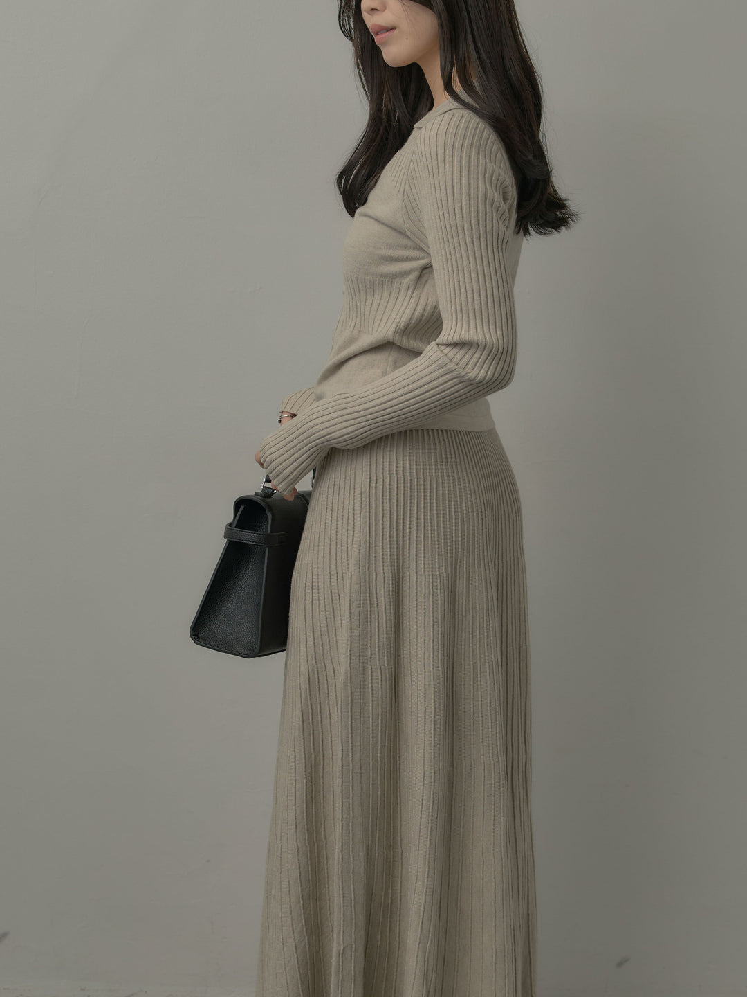 デザインリブポロ襟ニットトップス&ロングスカートSET UP