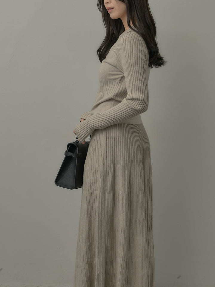 デザインリブポロ襟ニットトップス&ロングスカートSET UP