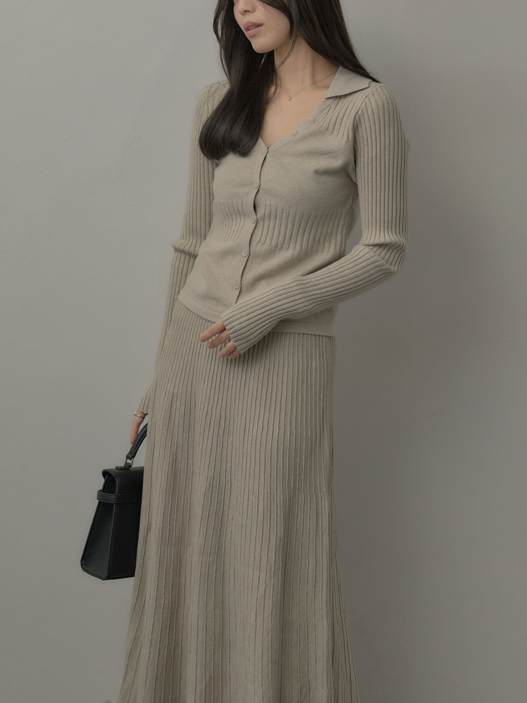 デザインリブポロ襟ニットトップス&ロングスカートSET UP