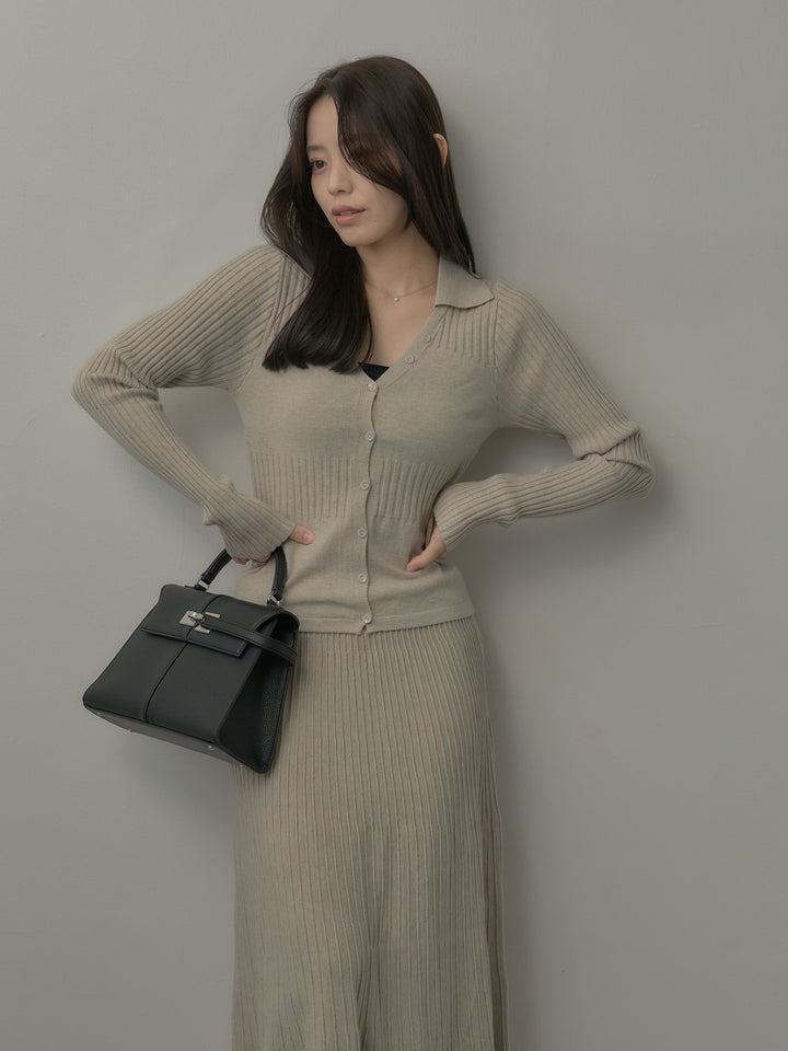 デザインリブポロ襟ニットトップス&ロングスカートSET UP