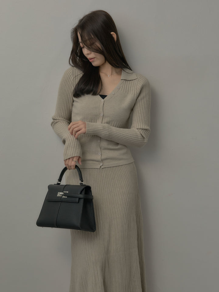 デザインリブポロ襟ニットトップス&ロングスカートSET UP