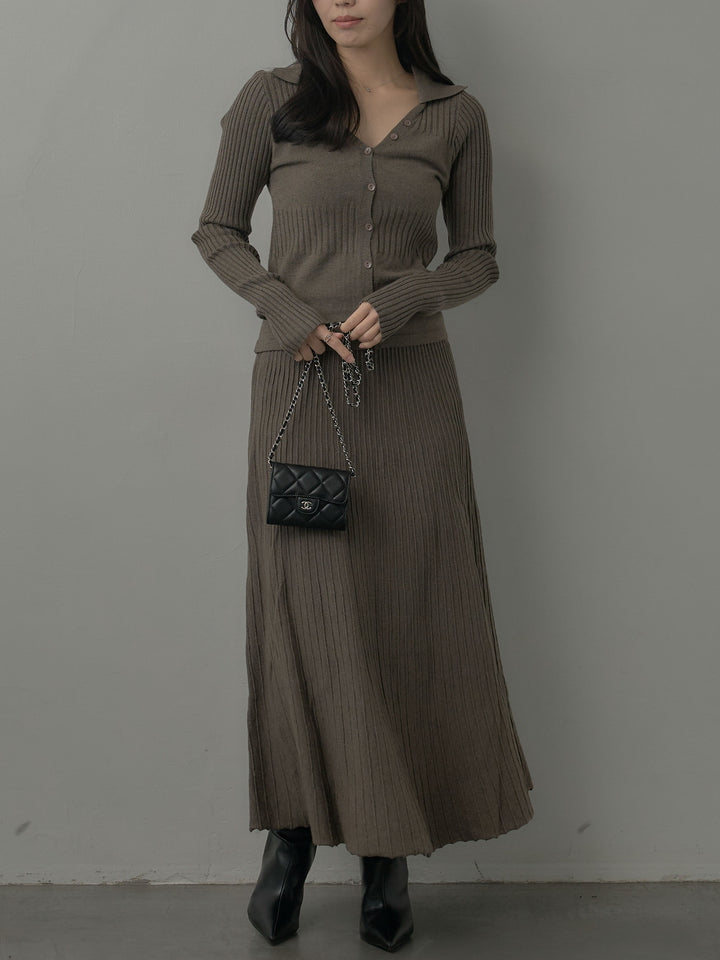 デザインリブポロ襟ニットトップス&ロングスカートSET UP