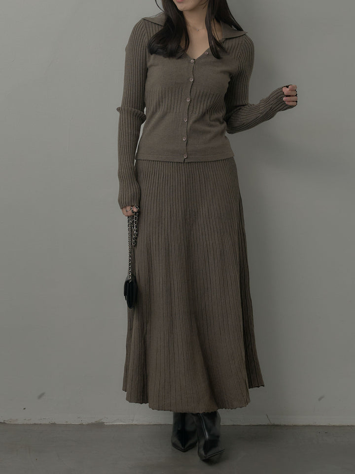 デザインリブポロ襟ニットトップス&ロングスカートSET UP