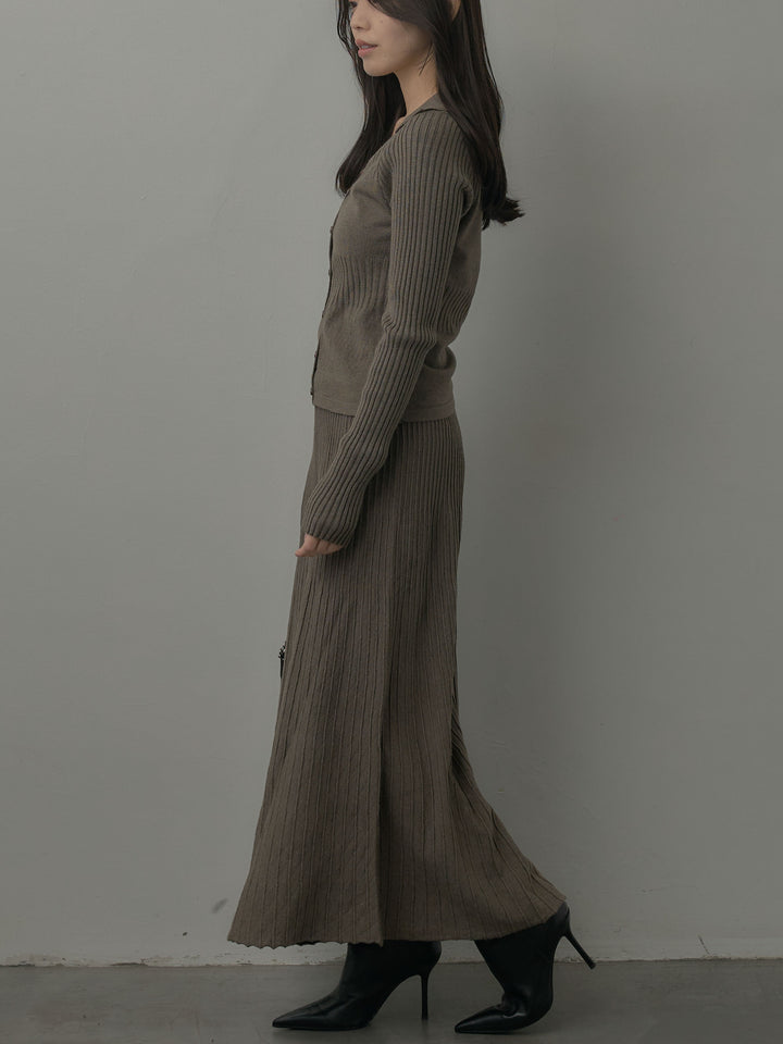 デザインリブポロ襟ニットトップス&ロングスカートSET UP