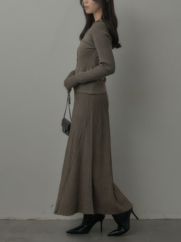デザインリブポロ襟ニットトップス&ロングスカートSET UP