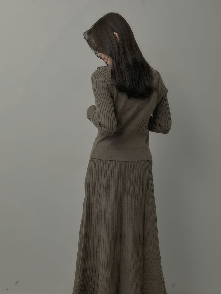 デザインリブポロ襟ニットトップス&ロングスカートSET UP