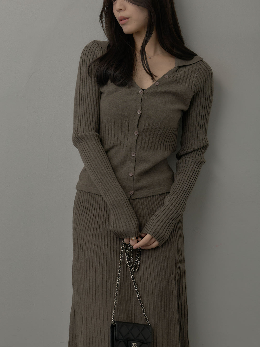 デザインリブポロ襟ニットトップス&ロングスカートSET UP