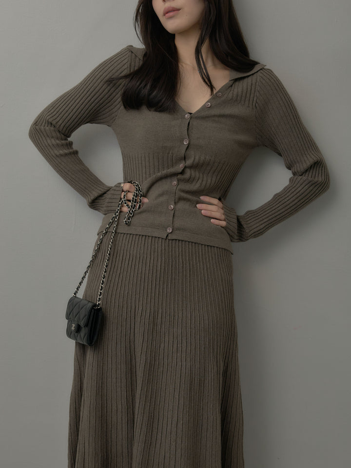 デザインリブポロ襟ニットトップス&ロングスカートSET UP