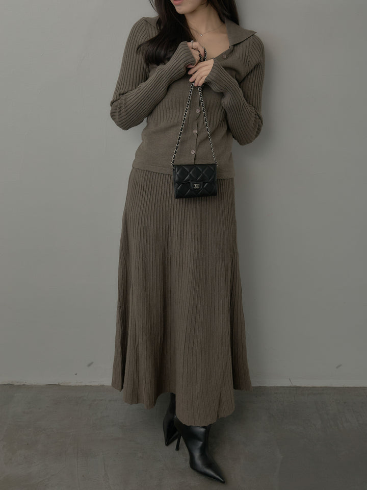デザインリブポロ襟ニットトップス&ロングスカートSET UP