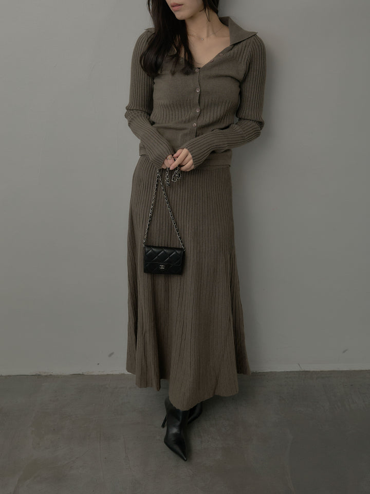 デザインリブポロ襟ニットトップス&ロングスカートSET UP