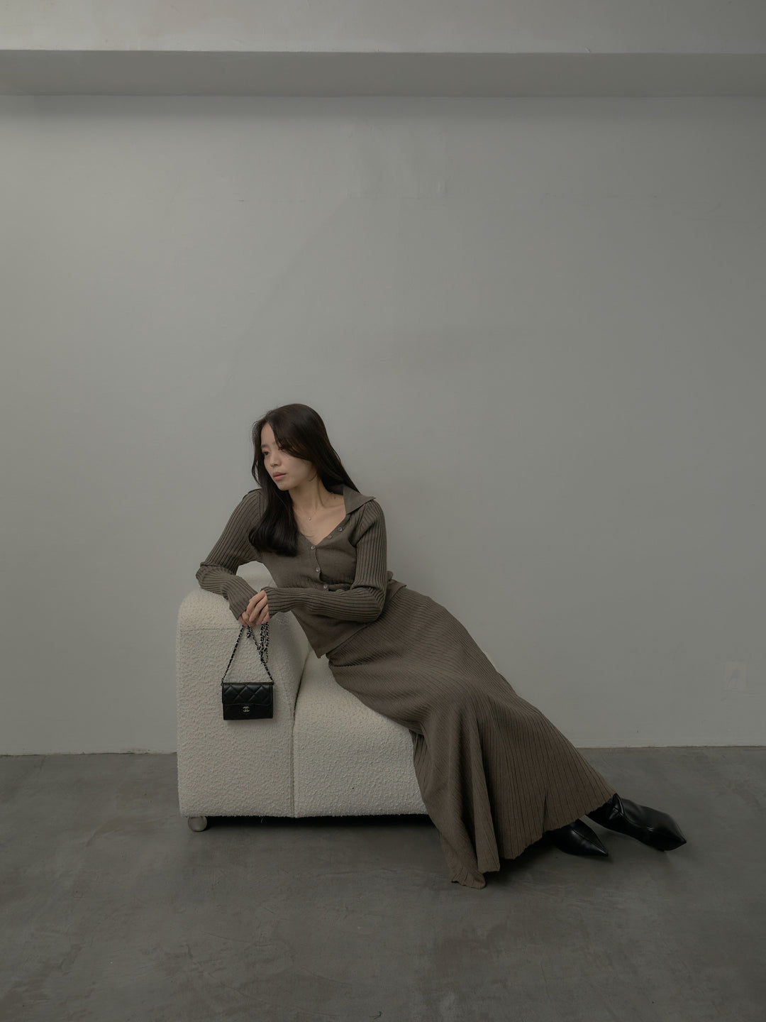 デザインリブポロ襟ニットトップス&ロングスカートSET UP