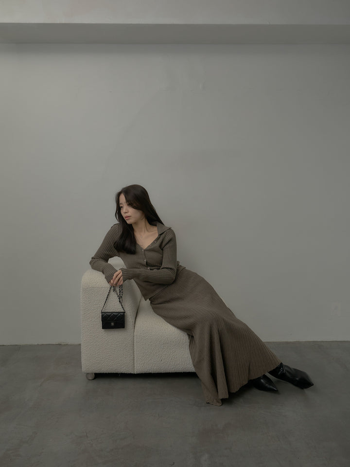 デザインリブポロ襟ニットトップス&ロングスカートSET UP