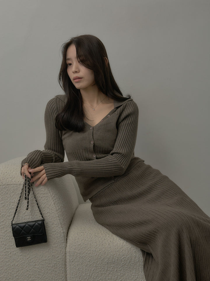 デザインリブポロ襟ニットトップス&ロングスカートSET UP