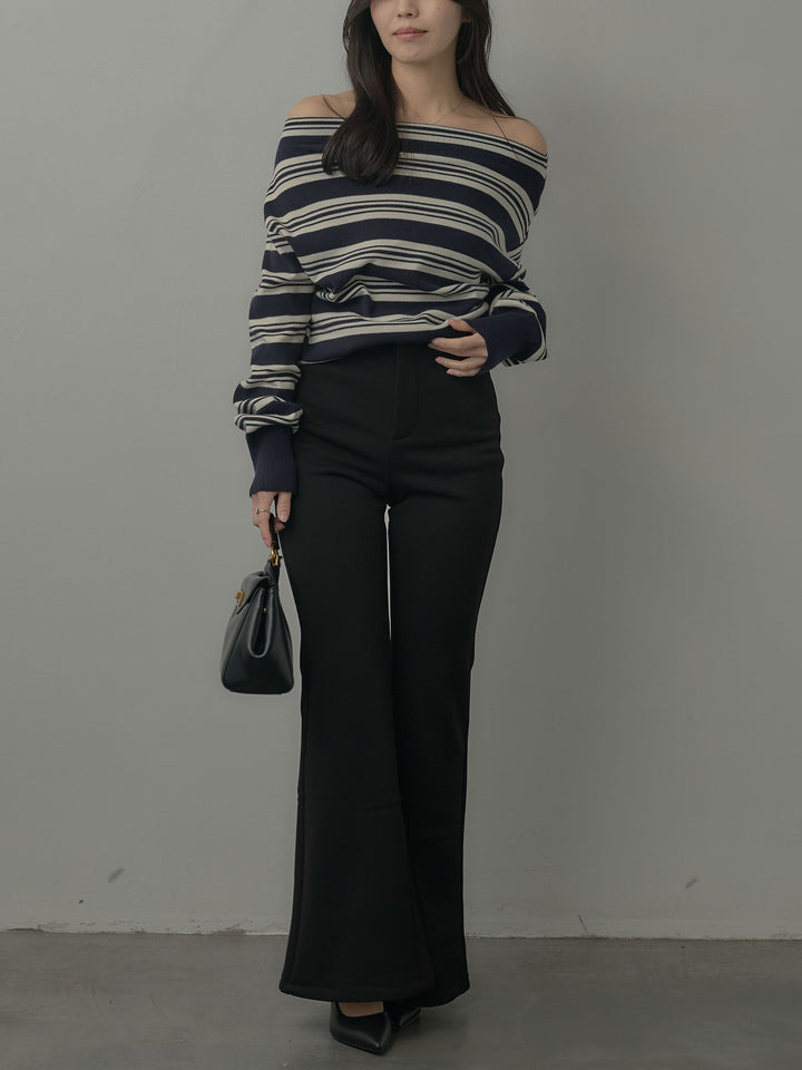 【SET】ボートネックボーダーニットトップス+ストレッチフレアパンツ(2set)