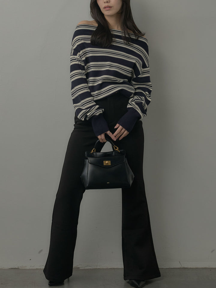 【SET】ボートネックボーダーニットトップス+ストレッチフレアパンツ(2set)