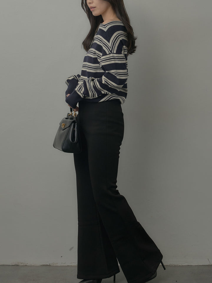 【SET】ボートネックボーダーニットトップス+ストレッチフレアパンツ(2set)