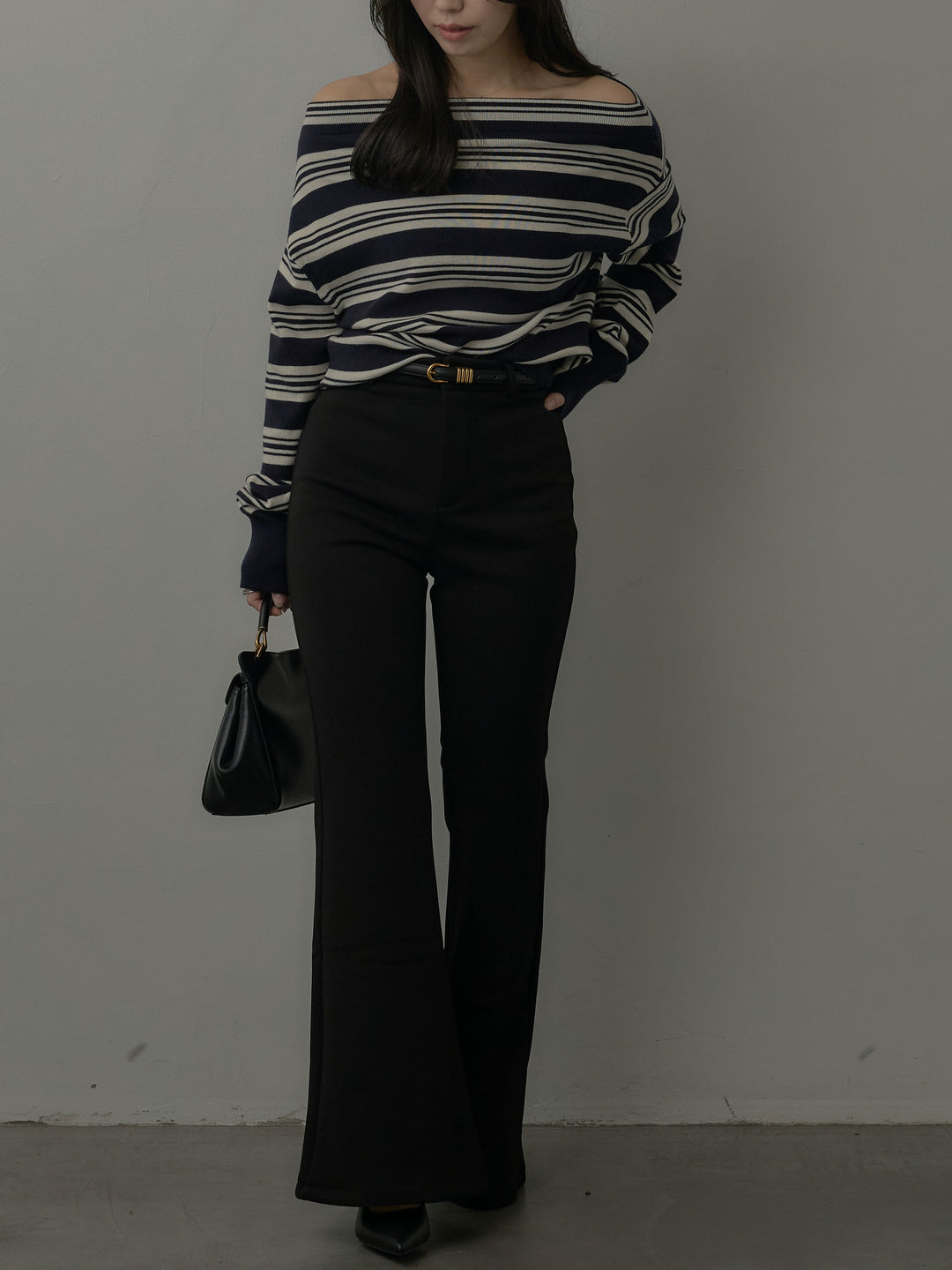 【SET】ボートネックボーダーニットトップス+ストレッチフレアパンツ(2set)