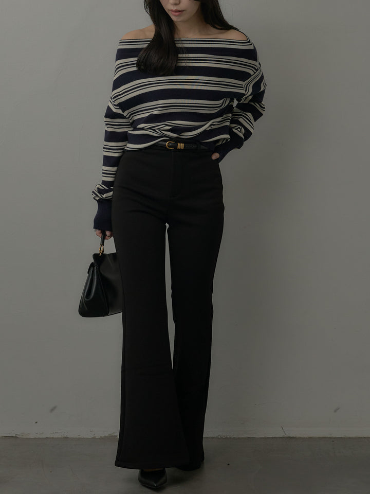 【SET】ボートネックボーダーニットトップス+ストレッチフレアパンツ(2set)
