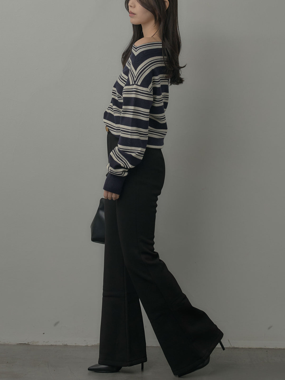 【SET】ボートネックボーダーニットトップス+ストレッチフレアパンツ(2set)