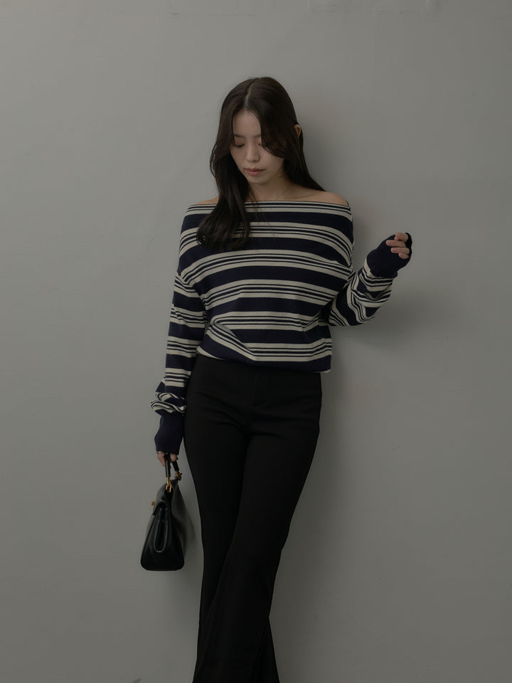 ボートネックボーダーニットトップス