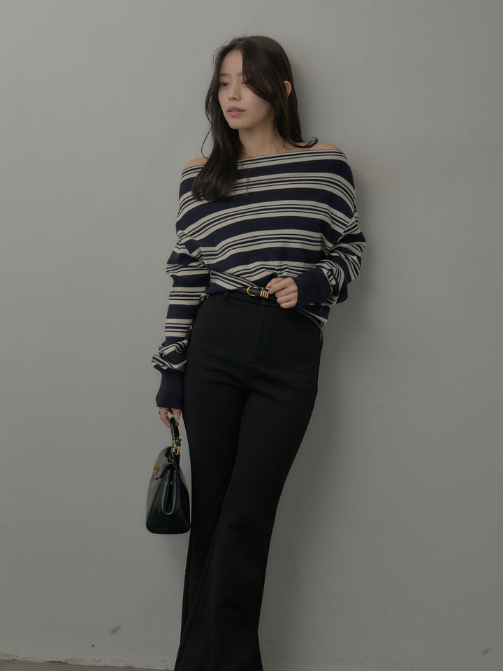 【SET】ボートネックボーダーニットトップス+ストレッチフレアパンツ(2set)