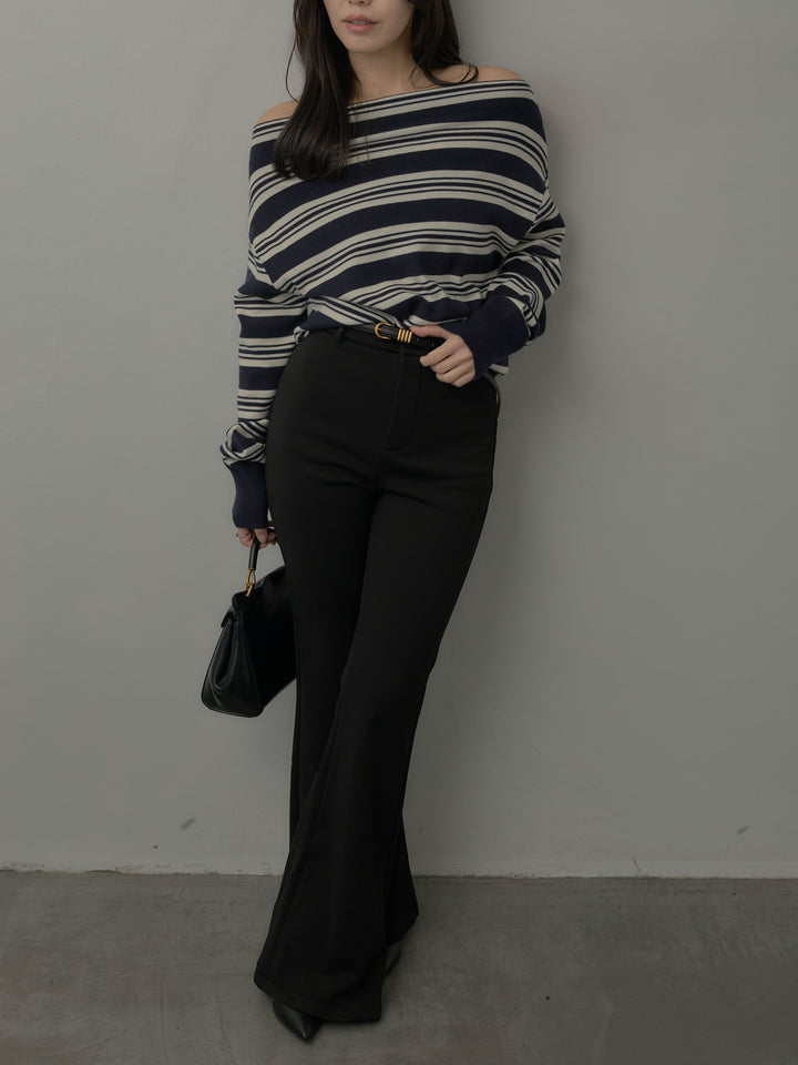 【SET】ボートネックボーダーニットトップス+ストレッチフレアパンツ(2set)