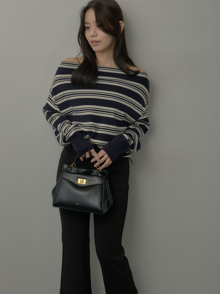 【SET】ボートネックボーダーニットトップス+ストレッチフレアパンツ(2set)