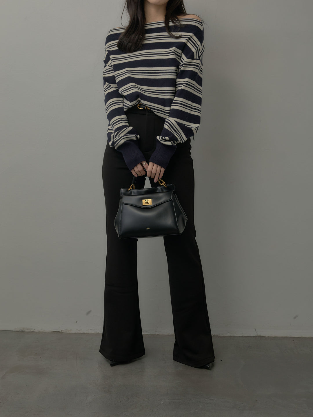 【SET】ボートネックボーダーニットトップス+ストレッチフレアパンツ(2set)