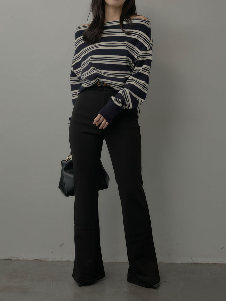 【SET】ボートネックボーダーニットトップス+ストレッチフレアパンツ(2set)