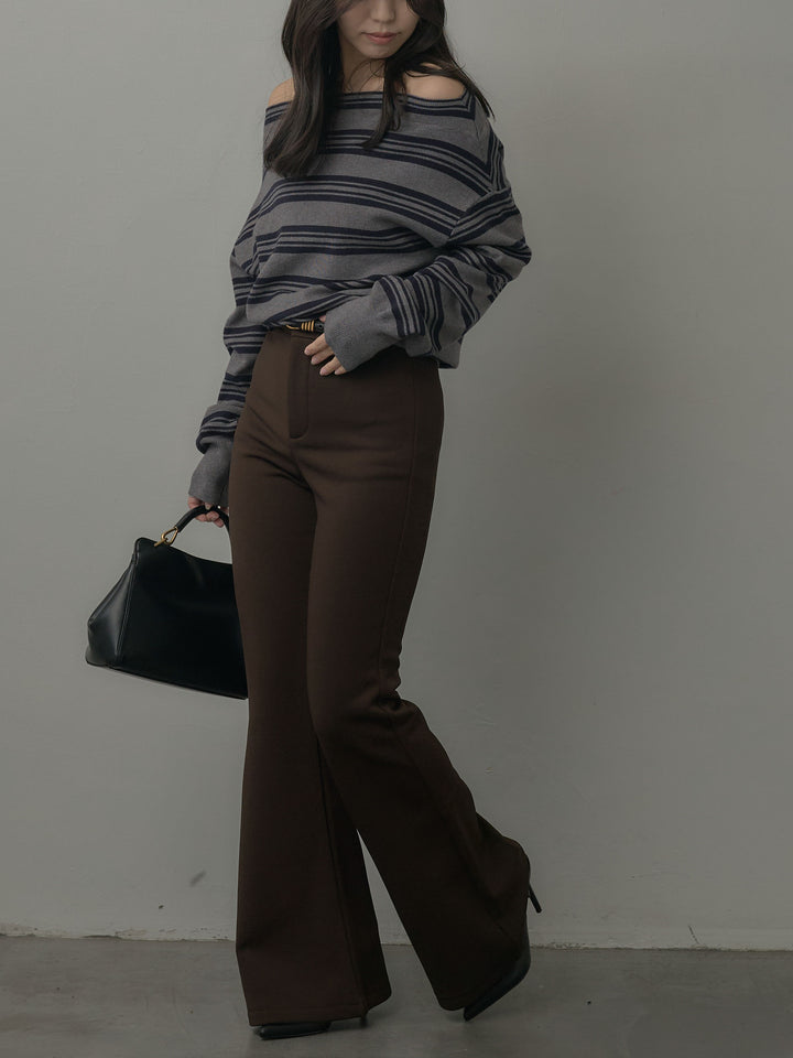 【SET】ボートネックボーダーニットトップス+ストレッチフレアパンツ(2set)