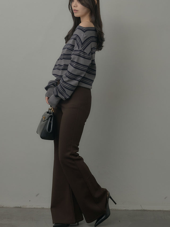 【SET】ボートネックボーダーニットトップス+ストレッチフレアパンツ(2set)