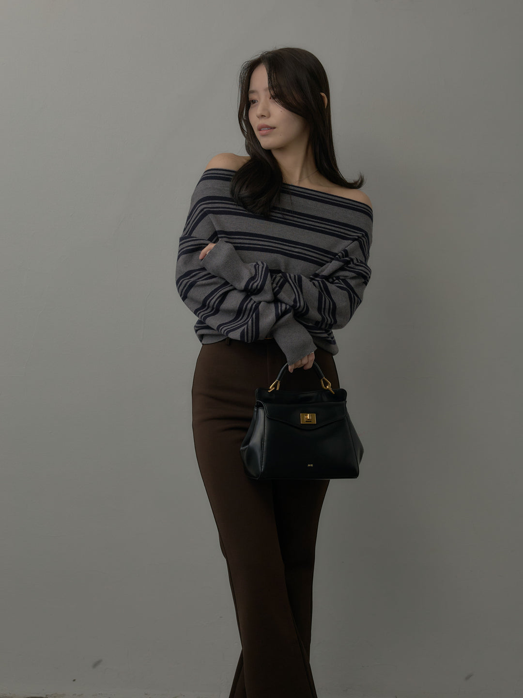 【SET】ボートネックボーダーニットトップス+ストレッチフレアパンツ(2set)