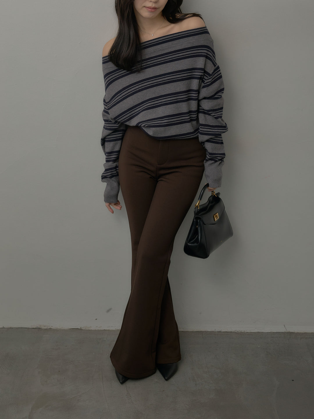 【SET】ボートネックボーダーニットトップス+ストレッチフレアパンツ(2set)