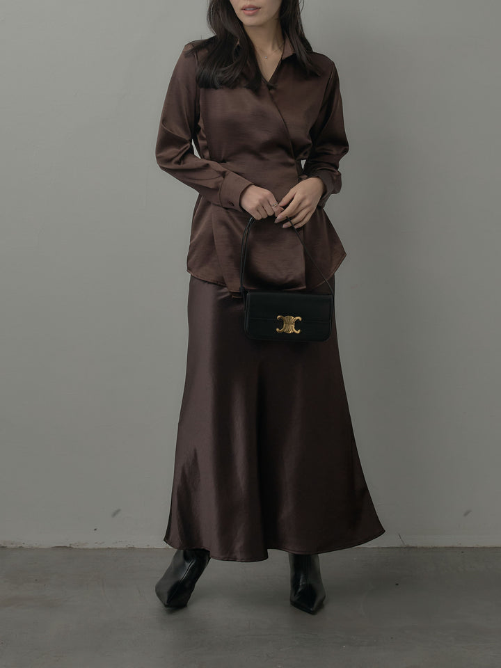 ウエストベルトサテンVネックシャツ