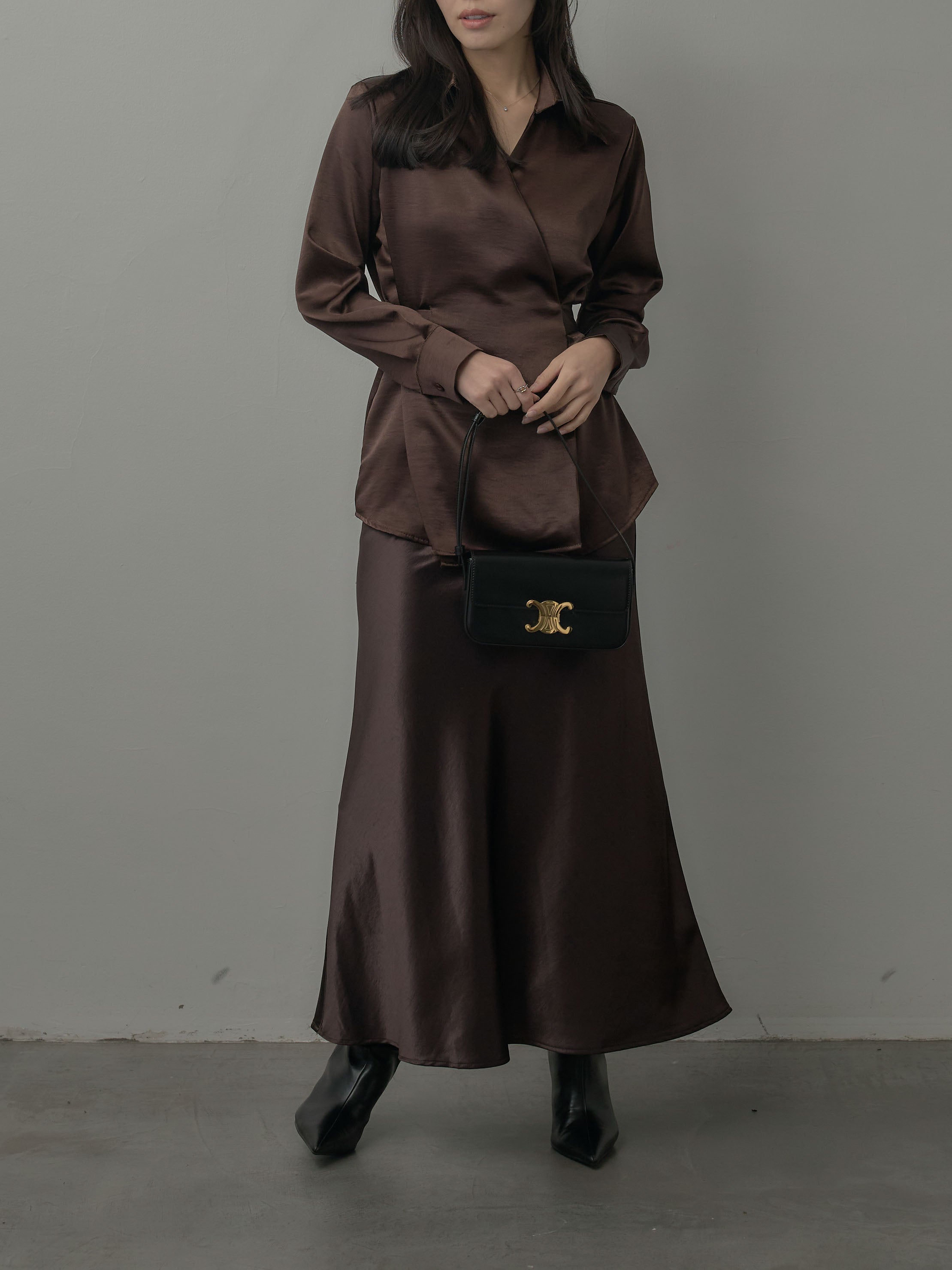 SET】ウエストベルトサテンVネックシャツ+ナローAラインサテンスカート