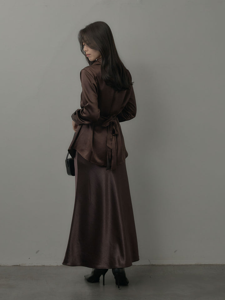 ウエストベルトサテンVネックシャツ