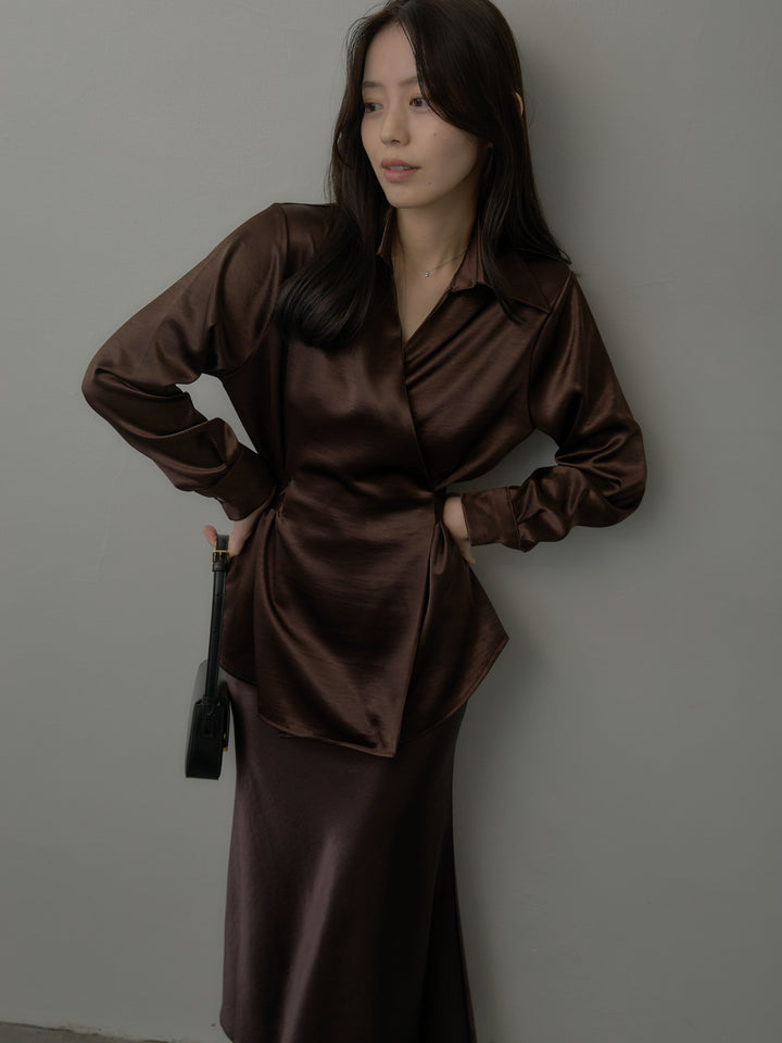 ウエストベルトサテンVネックシャツ