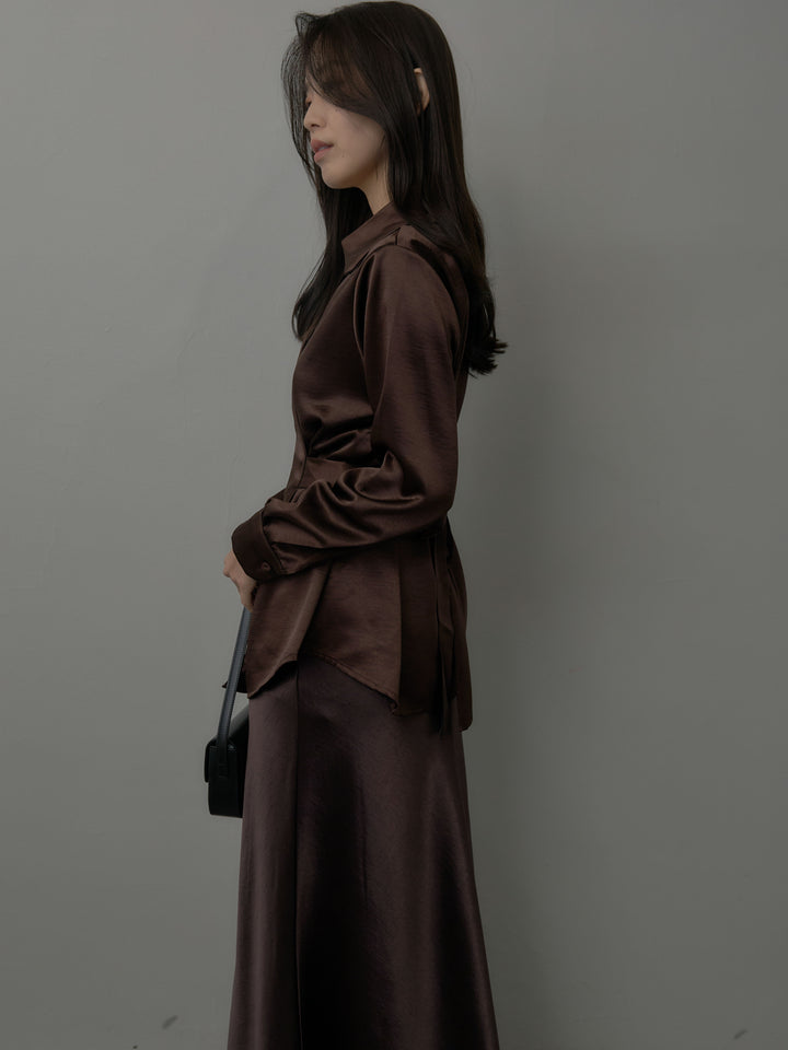 ウエストベルトサテンVネックシャツ