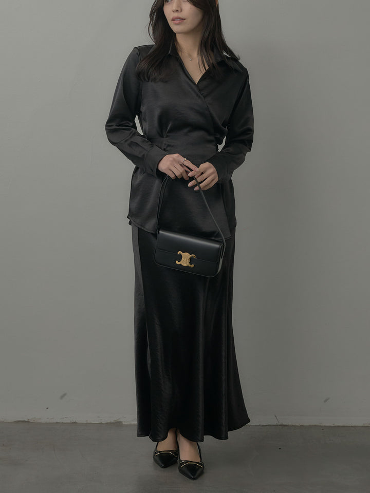 ウエストベルトサテンVネックシャツ