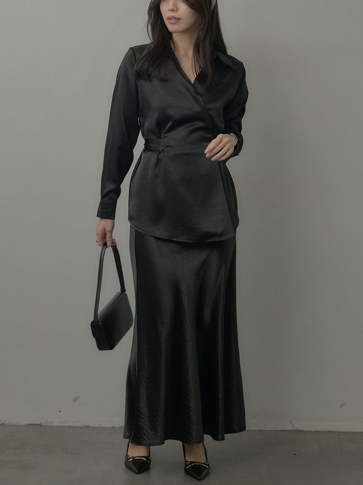 ウエストベルトサテンVネックシャツ