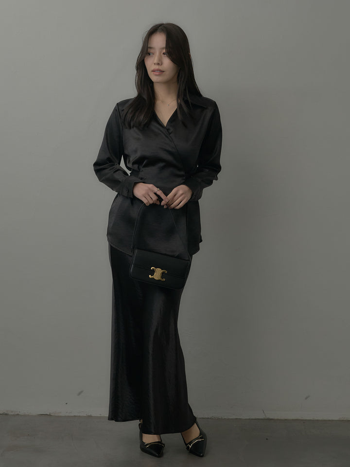 ウエストベルトサテンVネックシャツ