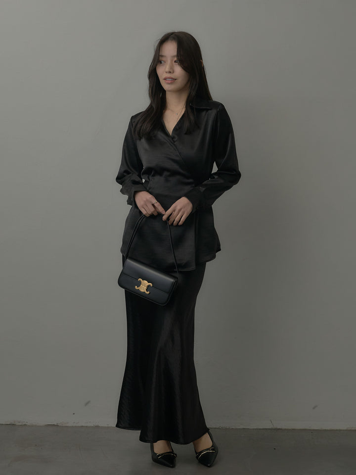 ウエストベルトサテンVネックシャツ